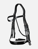 Load image into Gallery viewer, Dy&#39;on Double Bridle Patent Large Crank Noseband with White padding Flat Leather
