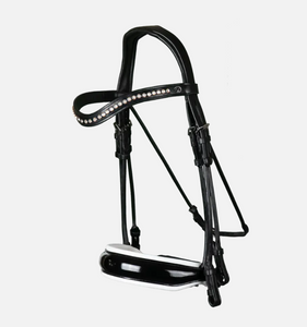 Dy'on Double Bridle Patent Large Crank Noseband with White padding Round Leather