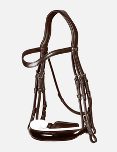 Dy'on Double Bridle Patent Large Crank Noseband with White padding Flat Leather