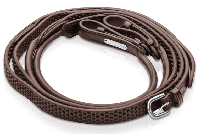 Utzon rolled reins with rubber in brown and metalware in silver